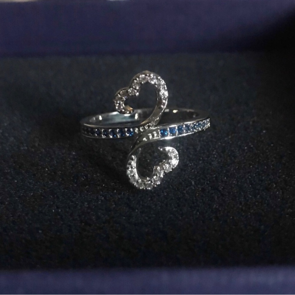 Sterling Silver Heart Swirl Ring with Blue Accent Stones